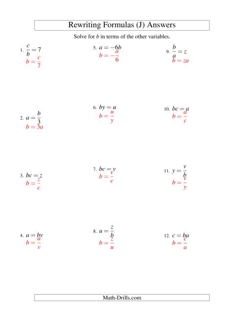 The Rewriting Formulas -- One-Step -- Multiplication and Division (J) Math Worksheet Page 2