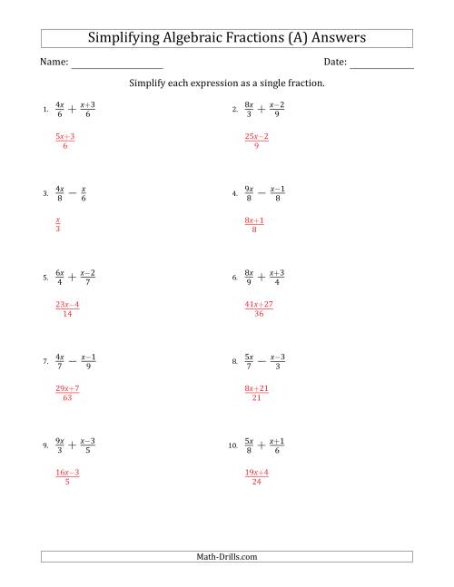 Simplifying Simple Algebraic Fractions (Easier) (A)