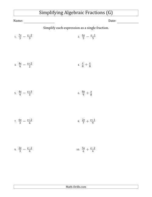 The Simplifying Simple Algebraic Fractions (Easier) (G) Math Worksheet