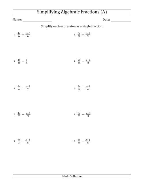 The Simplifying Simple Algebraic Fractions (Easier) (All) Math Worksheet