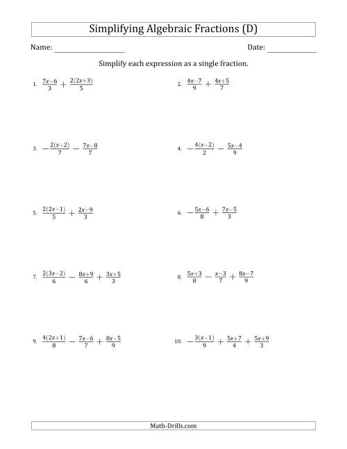 The Simplifying Simple Algebraic Fractions (Harder) (D) Math Worksheet