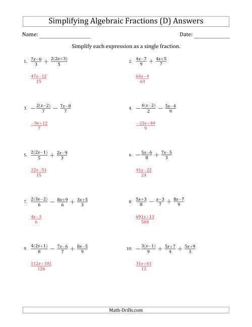The Simplifying Simple Algebraic Fractions (Harder) (D) Math Worksheet Page 2