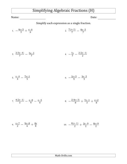 The Simplifying Simple Algebraic Fractions (Harder) (H) Math Worksheet