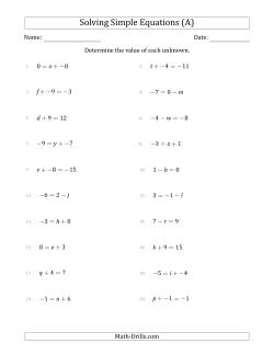 Solving Simple Linear Equations with Unknown Values Between -9 and 9 and Variables on the Left or Right Side