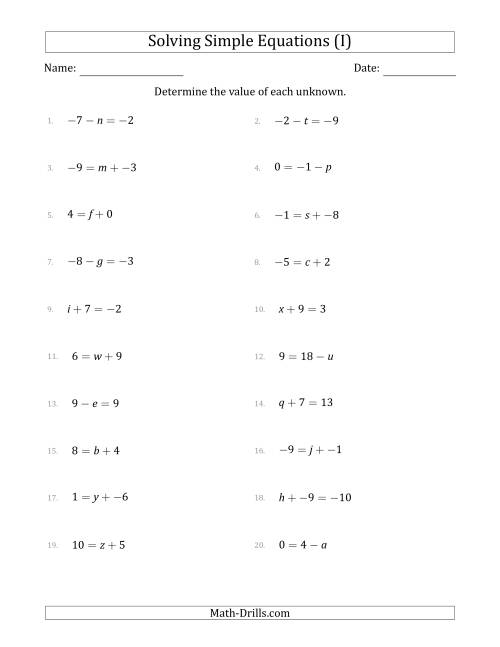 solving simple linear equations with unknown values between 9 and 9