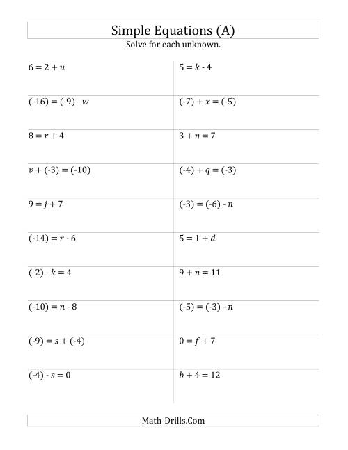 The Solve One Step Equations with Smaller Values (Old) Math Worksheet