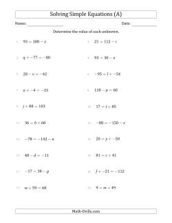 Solving Simple Linear Equations with Unknown Values Between -99 and 99 and Variables on the Left or Right Side