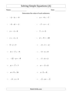 Solving Simple Linear Equations with Unknown Values Between -9 and 9 and Variables on the Left Side