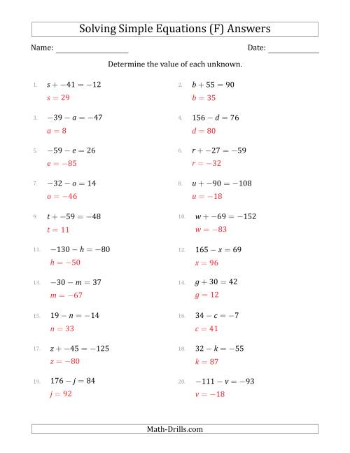 The Solving Simple Linear Equations with Unknown Values Between -99 and 99 and Variables on the Left Side (F) Math Worksheet Page 2
