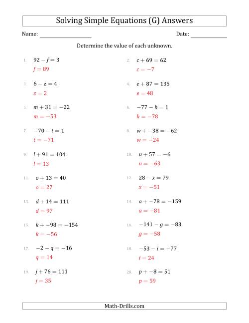 Solving Simple Linear Equations with Unknown Values Between -99 and 99