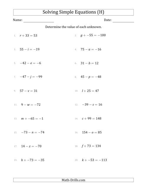 The Solving Simple Linear Equations with Unknown Values Between -99 and 99 and Variables on the Left Side (H) Math Worksheet