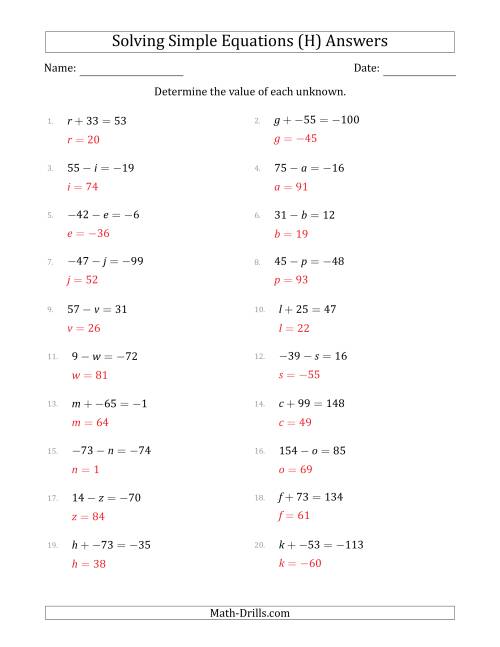 The Solving Simple Linear Equations with Unknown Values Between -99 and 99 and Variables on the Left Side (H) Math Worksheet Page 2