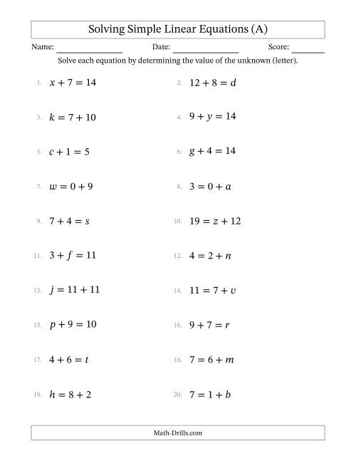 The Solving Simple Linear Equations with Letters as Unknowns (Addition Only; Range 0 to 12; Unknowns in Any Position) (A) Math Worksheet