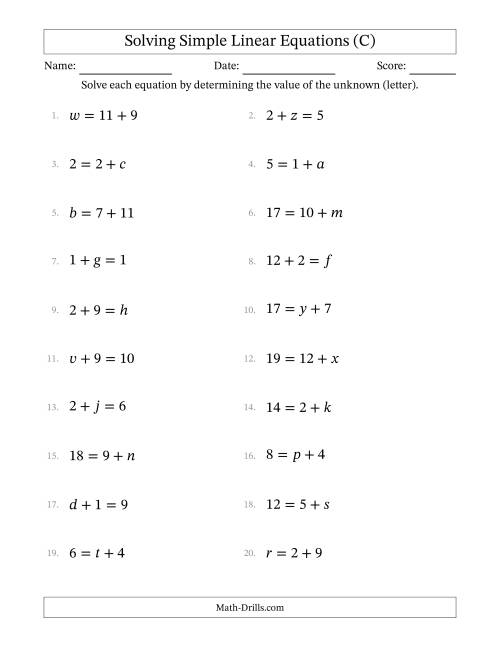 The Solving Simple Linear Equations with Letters as Unknowns (Addition Only; Range 0 to 12; Unknowns in Any Position) (C) Math Worksheet