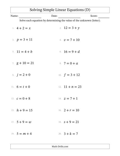 The Solving Simple Linear Equations with Letters as Unknowns (Addition Only; Range 0 to 12; Unknowns in Any Position) (D) Math Worksheet