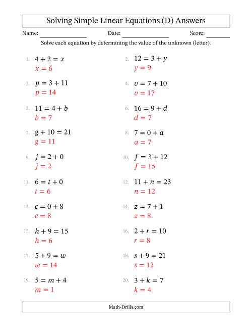 The Solving Simple Linear Equations with Letters as Unknowns (Addition Only; Range 0 to 12; Unknowns in Any Position) (D) Math Worksheet Page 2