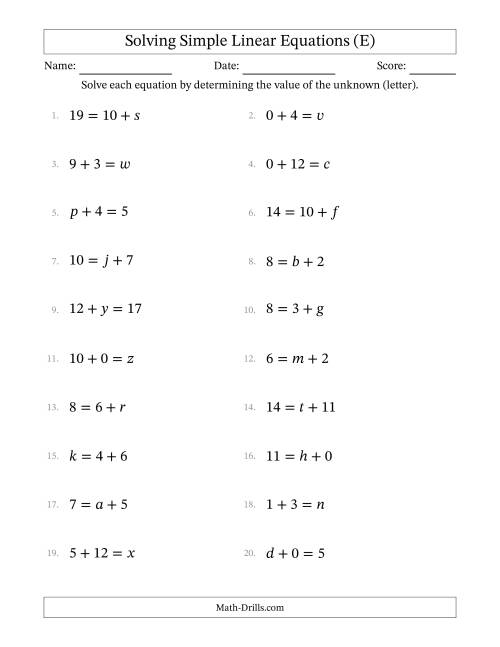 The Solving Simple Linear Equations with Letters as Unknowns (Addition Only; Range 0 to 12; Unknowns in Any Position) (E) Math Worksheet