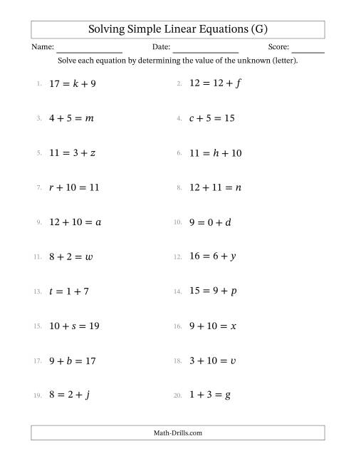 The Solving Simple Linear Equations with Letters as Unknowns (Addition Only; Range 0 to 12; Unknowns in Any Position) (G) Math Worksheet