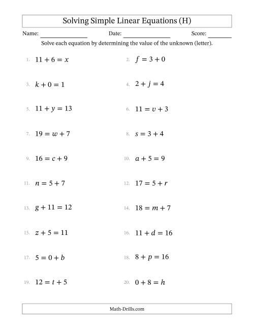 The Solving Simple Linear Equations with Letters as Unknowns (Addition Only; Range 0 to 12; Unknowns in Any Position) (H) Math Worksheet