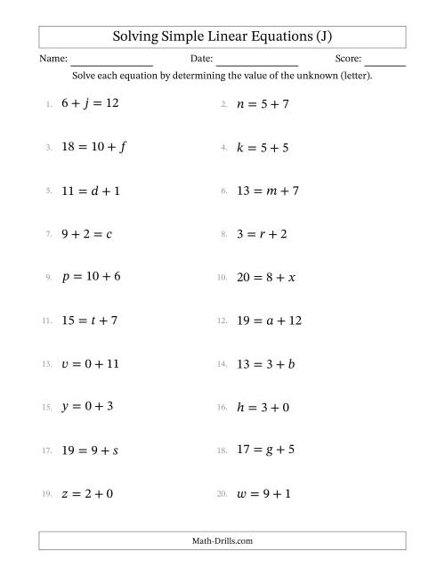 The Solving Simple Linear Equations with Letters as Unknowns (Addition Only; Range 0 to 12; Unknowns in Any Position) (J) Math Worksheet