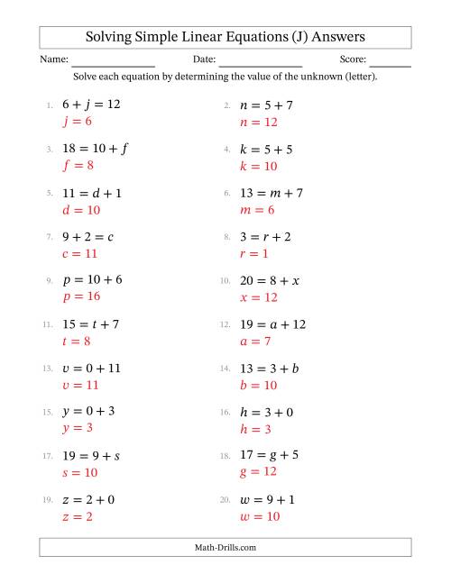 The Solving Simple Linear Equations with Letters as Unknowns (Addition Only; Range 0 to 12; Unknowns in Any Position) (J) Math Worksheet Page 2