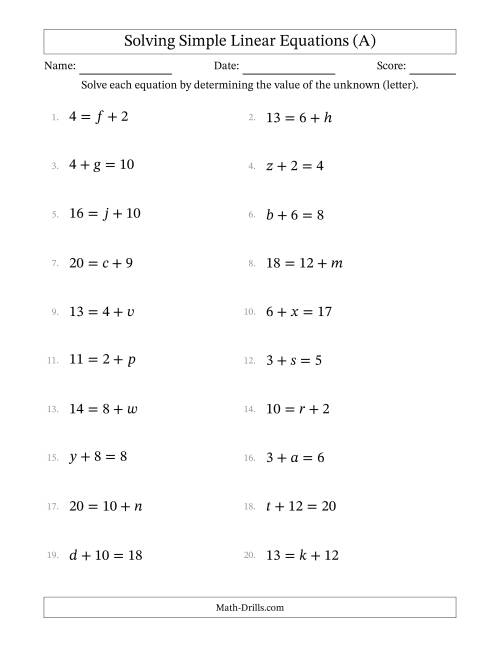 The Solving Simple Linear Equations with Letters as Unknowns (Addition Only; Range 0 to 12; Unknowns Never in Answer Position) (A) Math Worksheet