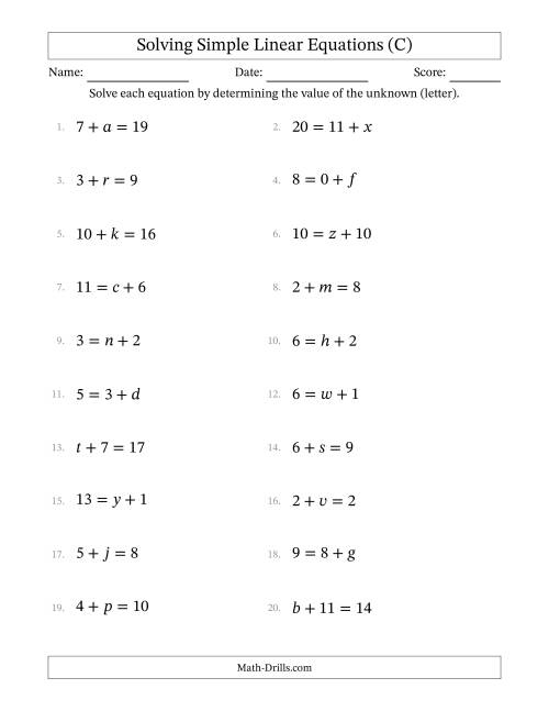 The Solving Simple Linear Equations with Letters as Unknowns (Addition Only; Range 0 to 12; Unknowns Never in Answer Position) (C) Math Worksheet