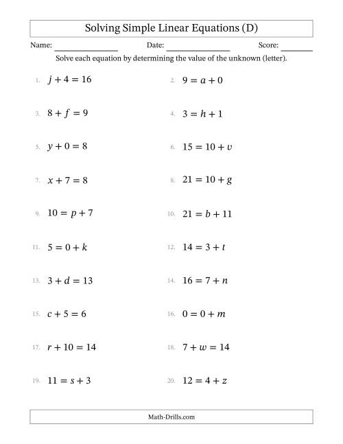 The Solving Simple Linear Equations with Letters as Unknowns (Addition Only; Range 0 to 12; Unknowns Never in Answer Position) (D) Math Worksheet