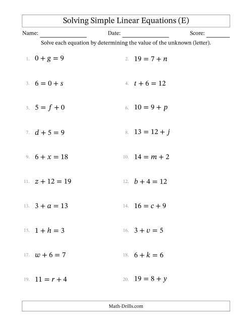 The Solving Simple Linear Equations with Letters as Unknowns (Addition Only; Range 0 to 12; Unknowns Never in Answer Position) (E) Math Worksheet