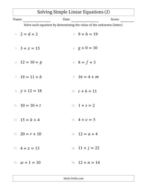 The Solving Simple Linear Equations with Letters as Unknowns (Addition Only; Range 0 to 12; Unknowns Never in Answer Position) (J) Math Worksheet