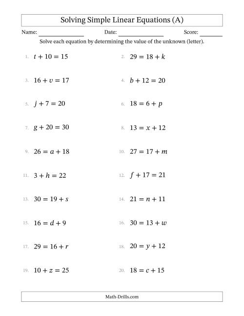 The Solving Simple Linear Equations with Letters as Unknowns (Addition Only; Range 1 to 20; Unknowns Never in Answer Position) (A) Math Worksheet