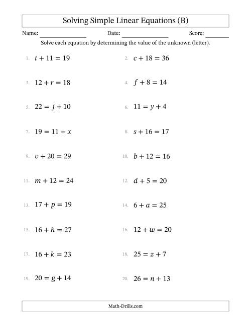 The Solving Simple Linear Equations with Letters as Unknowns (Addition Only; Range 1 to 20; Unknowns Never in Answer Position) (B) Math Worksheet