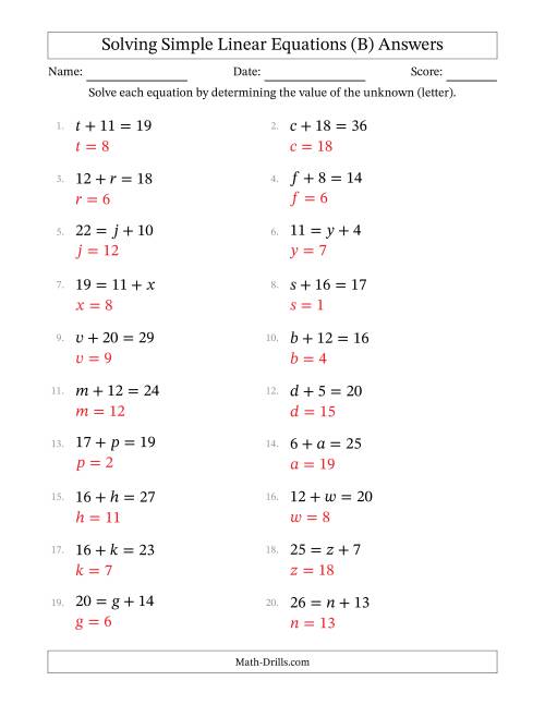 The Solving Simple Linear Equations with Letters as Unknowns (Addition Only; Range 1 to 20; Unknowns Never in Answer Position) (B) Math Worksheet Page 2