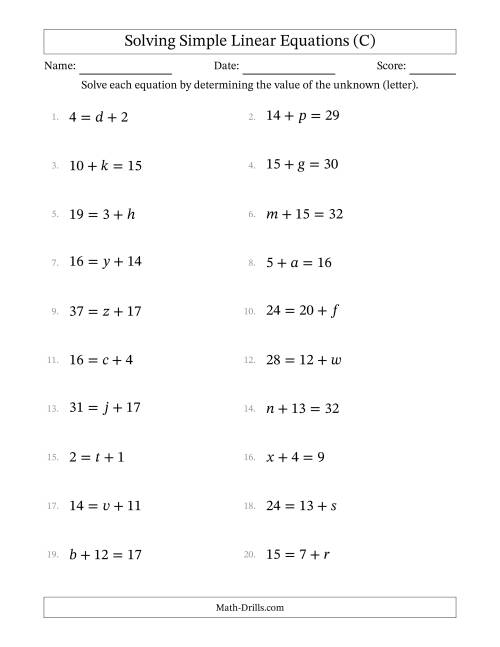 The Solving Simple Linear Equations with Letters as Unknowns (Addition Only; Range 1 to 20; Unknowns Never in Answer Position) (C) Math Worksheet