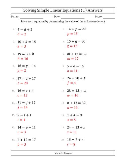 The Solving Simple Linear Equations with Letters as Unknowns (Addition Only; Range 1 to 20; Unknowns Never in Answer Position) (C) Math Worksheet Page 2