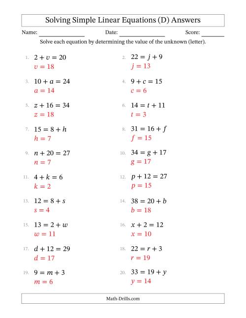 The Solving Simple Linear Equations with Letters as Unknowns (Addition Only; Range 1 to 20; Unknowns Never in Answer Position) (D) Math Worksheet Page 2