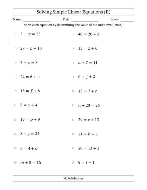 The Solving Simple Linear Equations with Letters as Unknowns (Addition Only; Range 1 to 20; Unknowns Never in Answer Position) (E) Math Worksheet