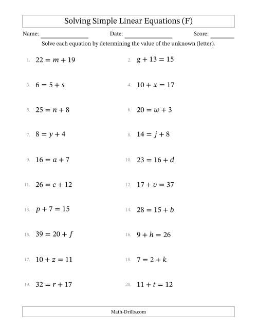 The Solving Simple Linear Equations with Letters as Unknowns (Addition Only; Range 1 to 20; Unknowns Never in Answer Position) (F) Math Worksheet