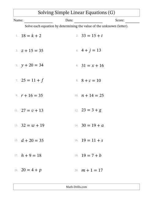 The Solving Simple Linear Equations with Letters as Unknowns (Addition Only; Range 1 to 20; Unknowns Never in Answer Position) (G) Math Worksheet