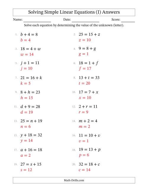 The Solving Simple Linear Equations with Letters as Unknowns (Addition Only; Range 1 to 20; Unknowns Never in Answer Position) (I) Math Worksheet Page 2