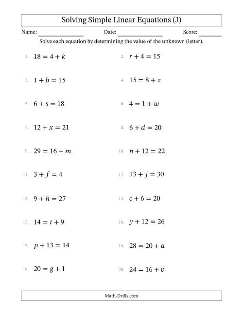 The Solving Simple Linear Equations with Letters as Unknowns (Addition Only; Range 1 to 20; Unknowns Never in Answer Position) (J) Math Worksheet