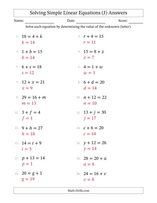 The Solving Simple Linear Equations with Letters as Unknowns (Addition Only; Range 1 to 20; Unknowns Never in Answer Position) (J) Math Worksheet Page 2