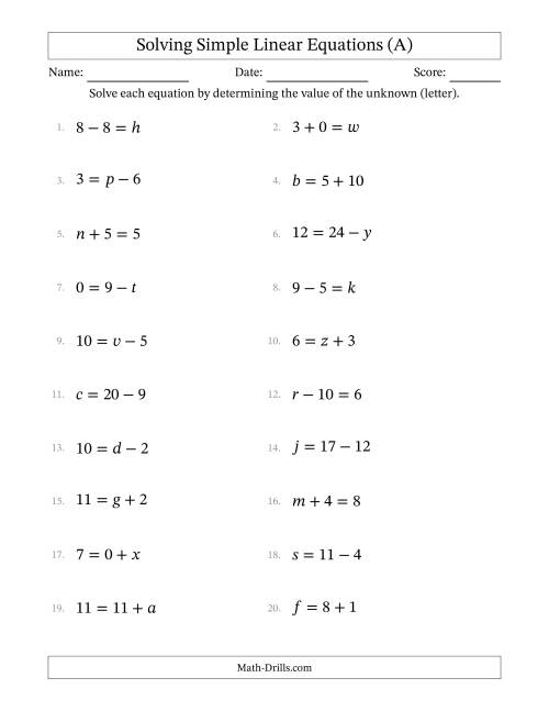 The Solving Simple Linear Equations with Letters as Unknowns (Addition and Subtraction; Range 0 to 12; Unknowns in Any Position) (A) Math Worksheet