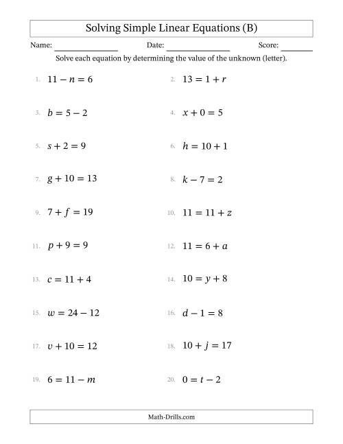 The Solving Simple Linear Equations with Letters as Unknowns (Addition and Subtraction; Range 0 to 12; Unknowns in Any Position) (B) Math Worksheet