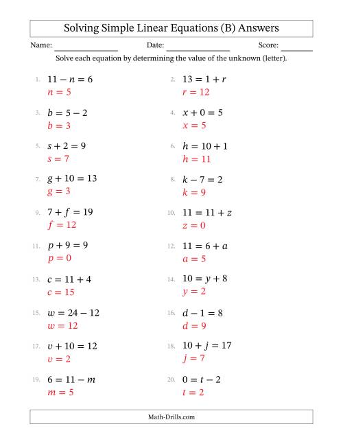 The Solving Simple Linear Equations with Letters as Unknowns (Addition and Subtraction; Range 0 to 12; Unknowns in Any Position) (B) Math Worksheet Page 2