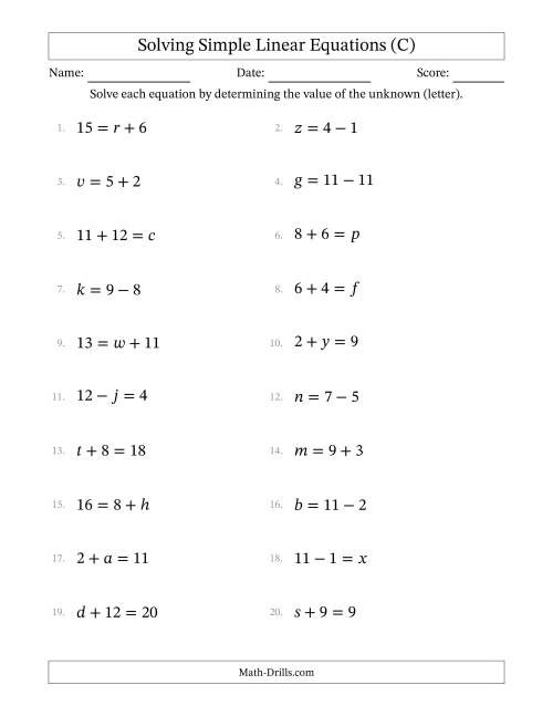 The Solving Simple Linear Equations with Letters as Unknowns (Addition and Subtraction; Range 0 to 12; Unknowns in Any Position) (C) Math Worksheet