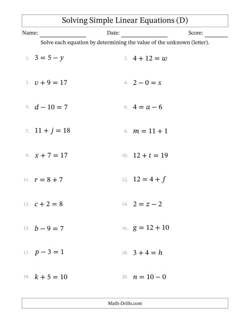 The Solving Simple Linear Equations with Letters as Unknowns (Addition and Subtraction; Range 0 to 12; Unknowns in Any Position) (D) Math Worksheet