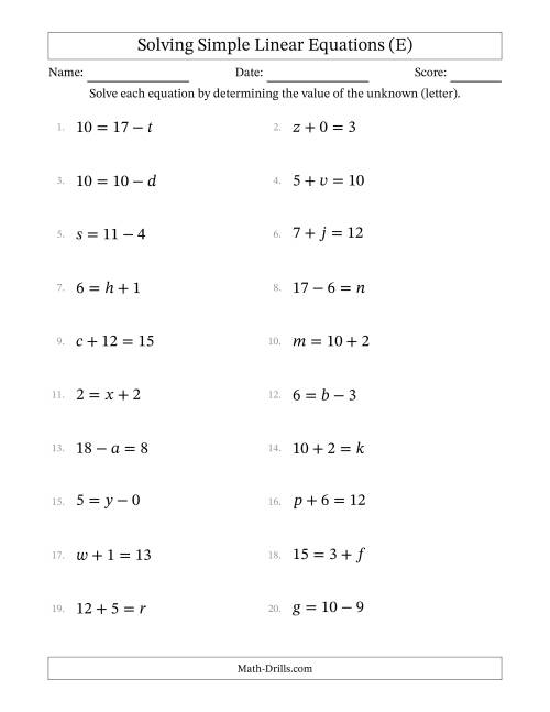 The Solving Simple Linear Equations with Letters as Unknowns (Addition and Subtraction; Range 0 to 12; Unknowns in Any Position) (E) Math Worksheet