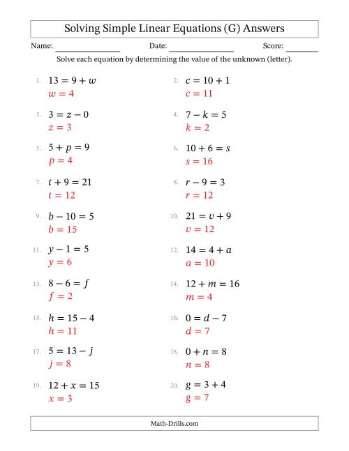 The Solving Simple Linear Equations with Letters as Unknowns (Addition and Subtraction; Range 0 to 12; Unknowns in Any Position) (G) Math Worksheet Page 2