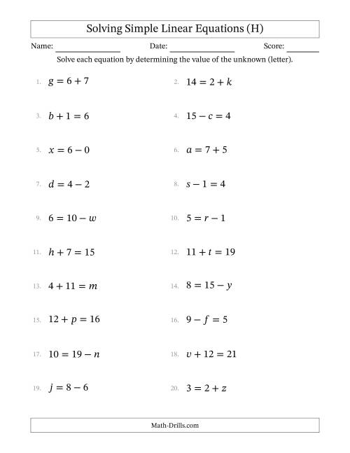 The Solving Simple Linear Equations with Letters as Unknowns (Addition and Subtraction; Range 0 to 12; Unknowns in Any Position) (H) Math Worksheet